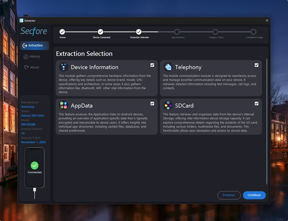 Secfore Extraction Selection Interface